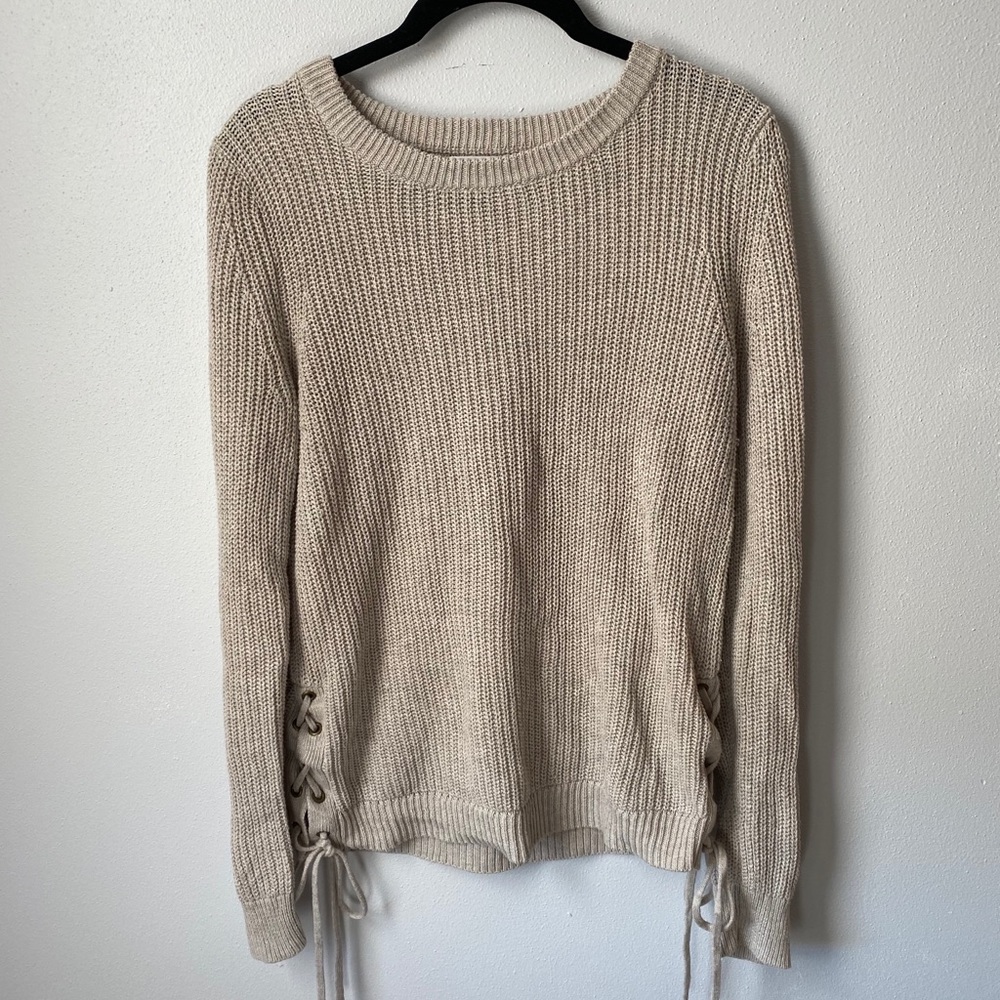 Tan Knit Sweater with Ties on Side
